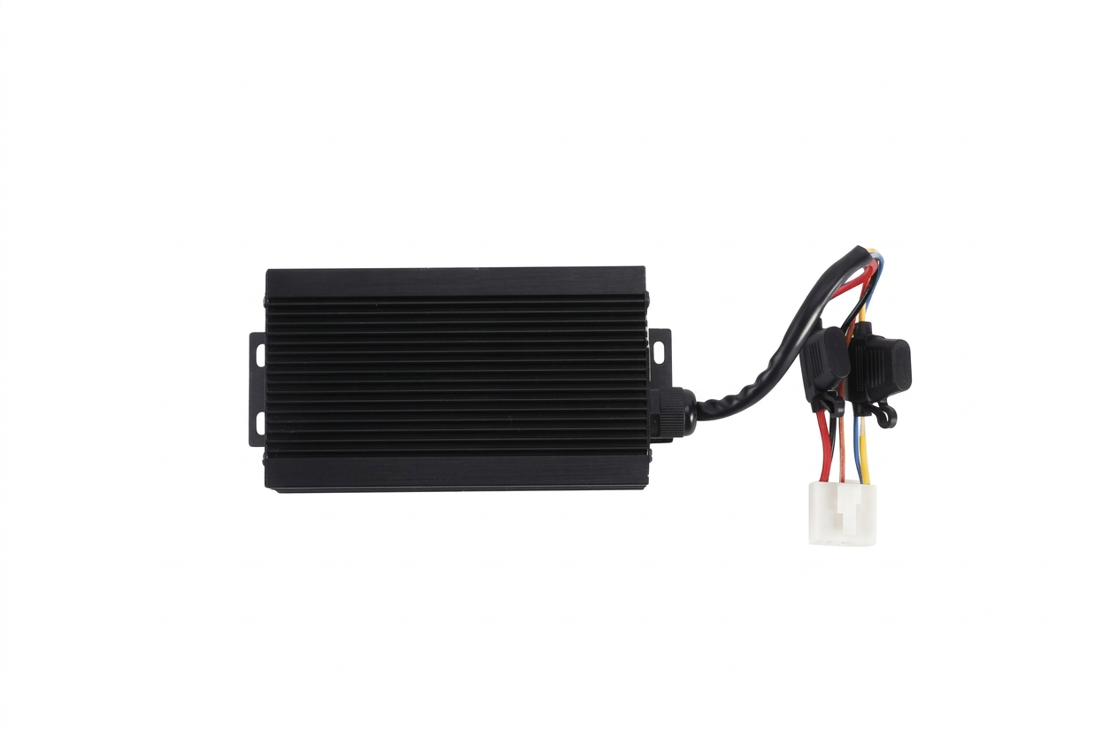 Fleet Lithium DC Converter 40-72V to 12V 25A + Harness (CV7526) top view with the wiring harness and fuse holder visible.