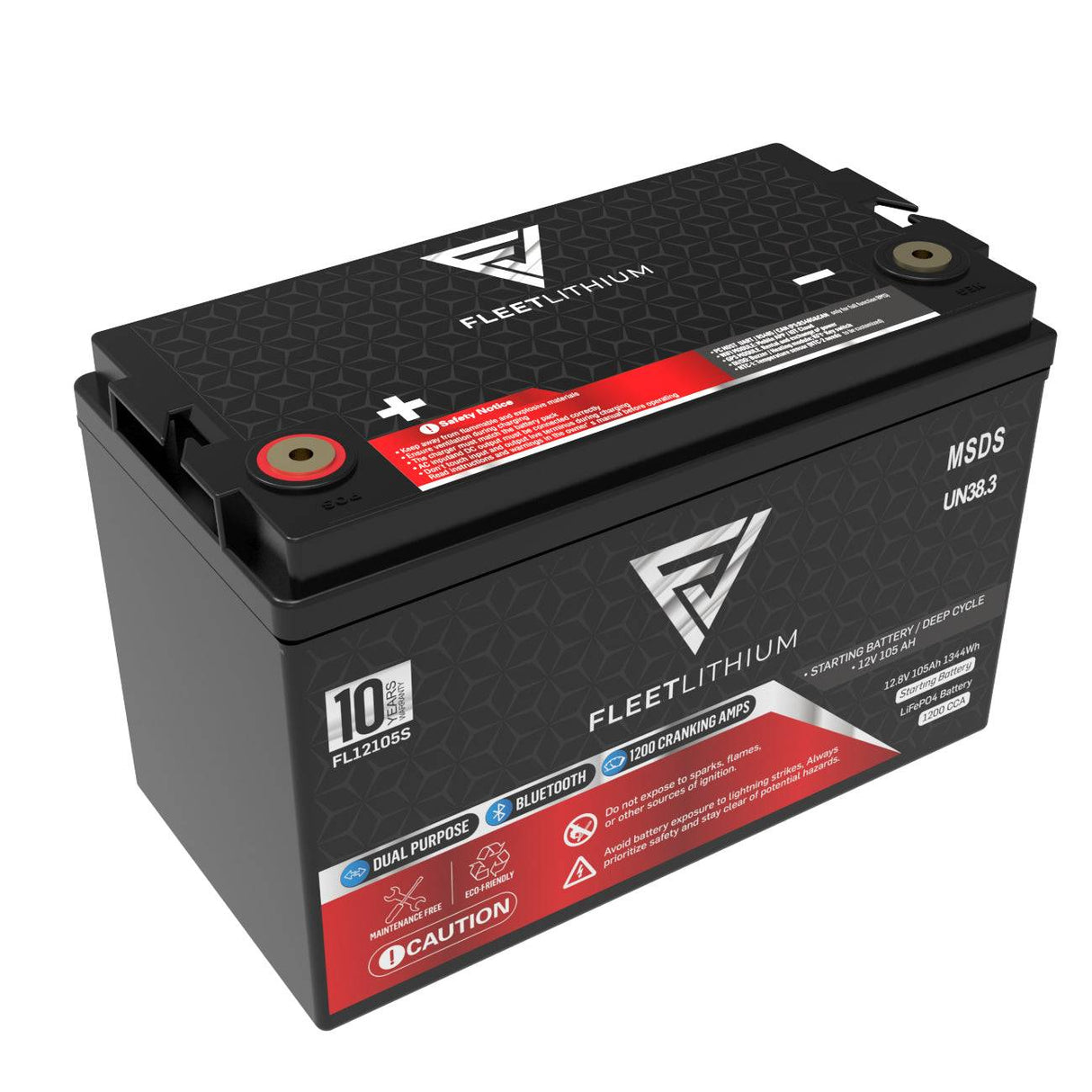 Fleet Lithium 12V 100ah Fleet Lithium Engine Starting (Group 27) battery angled to show the top terminals, product labels, and side warnings.