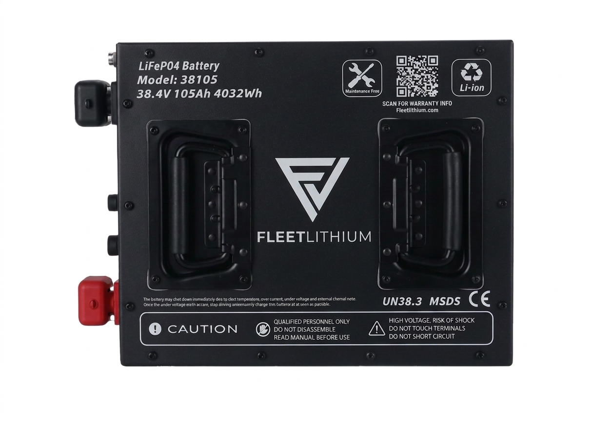 38V 105Ah Fleet Lithium Battery — NexGen BMS Bundle — Fleet Lithium 38V 105Ah NexGen BMS Bundle battery, black, front view, with handles and red connector.