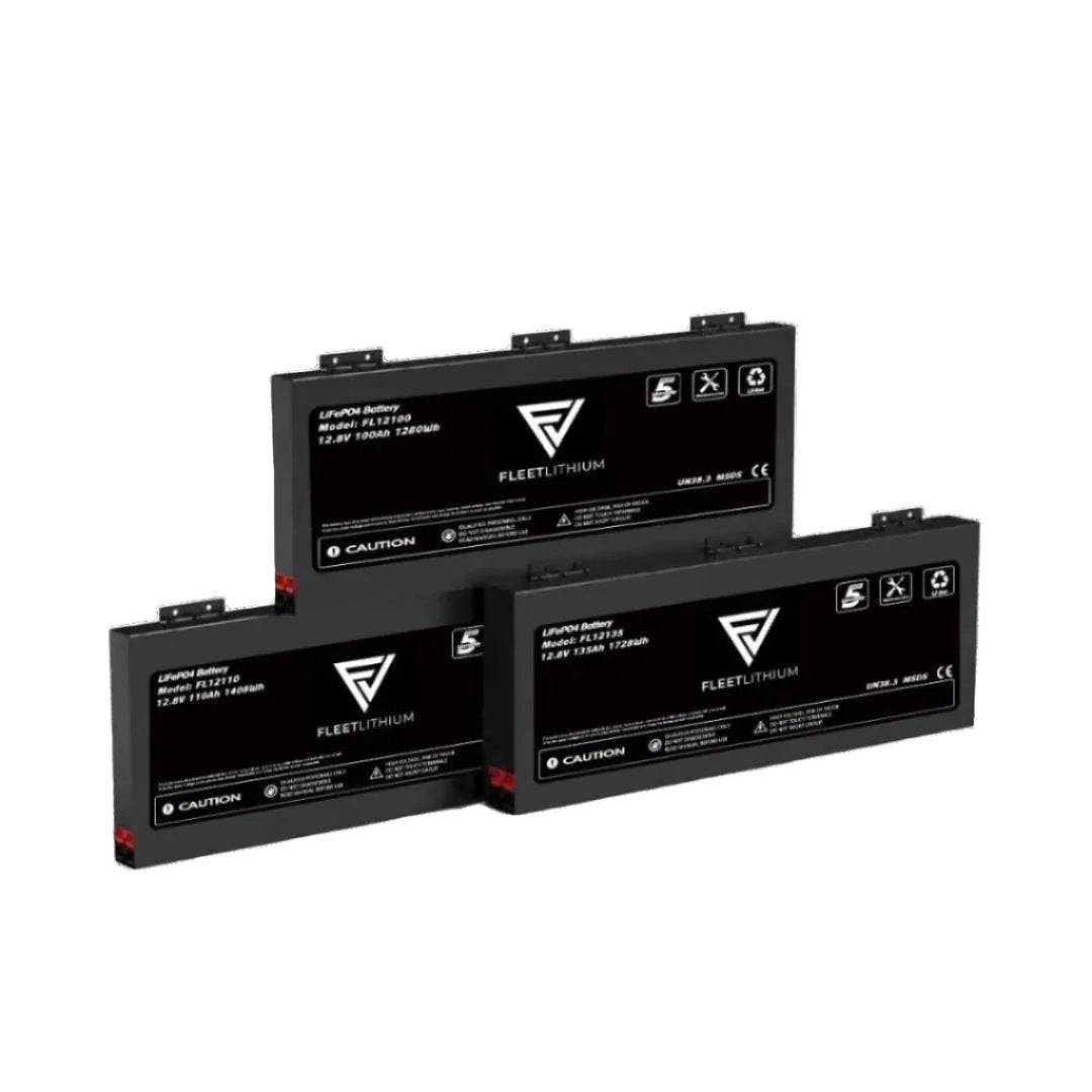 Fleet Lithium 48V Stackable Wall Mounted Solar Battery System showing three black battery units stacked, with the Fleet Lithium logo and warning labels visible.