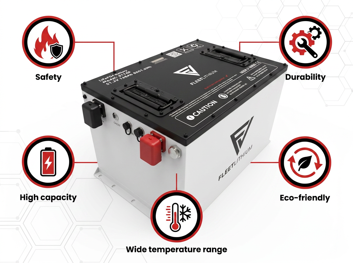 51V 168Ah Fleet Lithium Battery - white, black, and red, with connector ports and labels