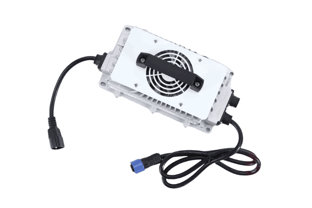 Fleet Lithium 58.4V 18A On-board LiFePO4 Charger (CH5618) viewed from a higher angle, showcasing the top fan and handle, with the input and output cables visible.