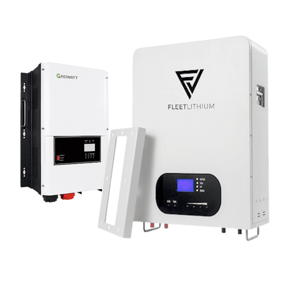 Fleet Lithium 48v Off-Grid Solar Inverter / Charger with 48V Battery Bundle, showing the inverter and battery units side-by-side with a mounting bracket.
