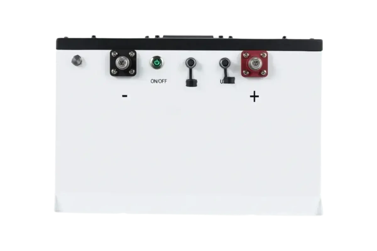 Fleet Lithium 76.8V 105Ah Fleet Lithium Battery — NexGen BMS, showing the side panel with power button and various ports.