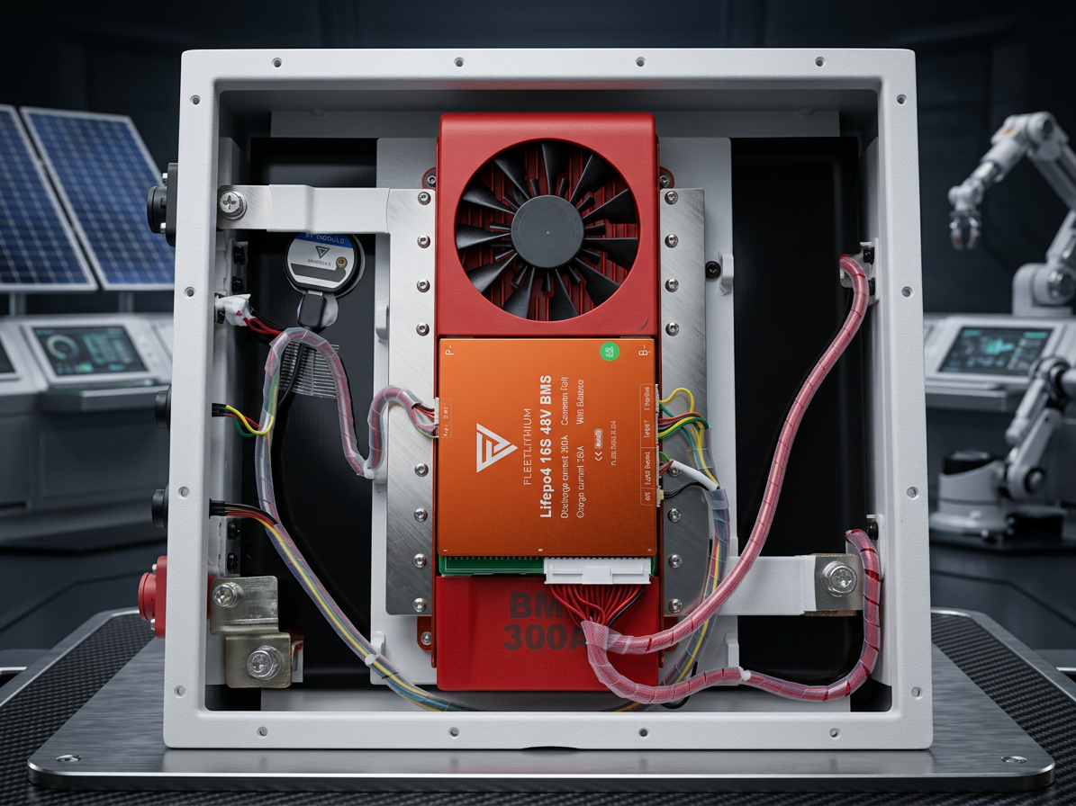 Open-top casing with orange battery module, red fan, and wiring.