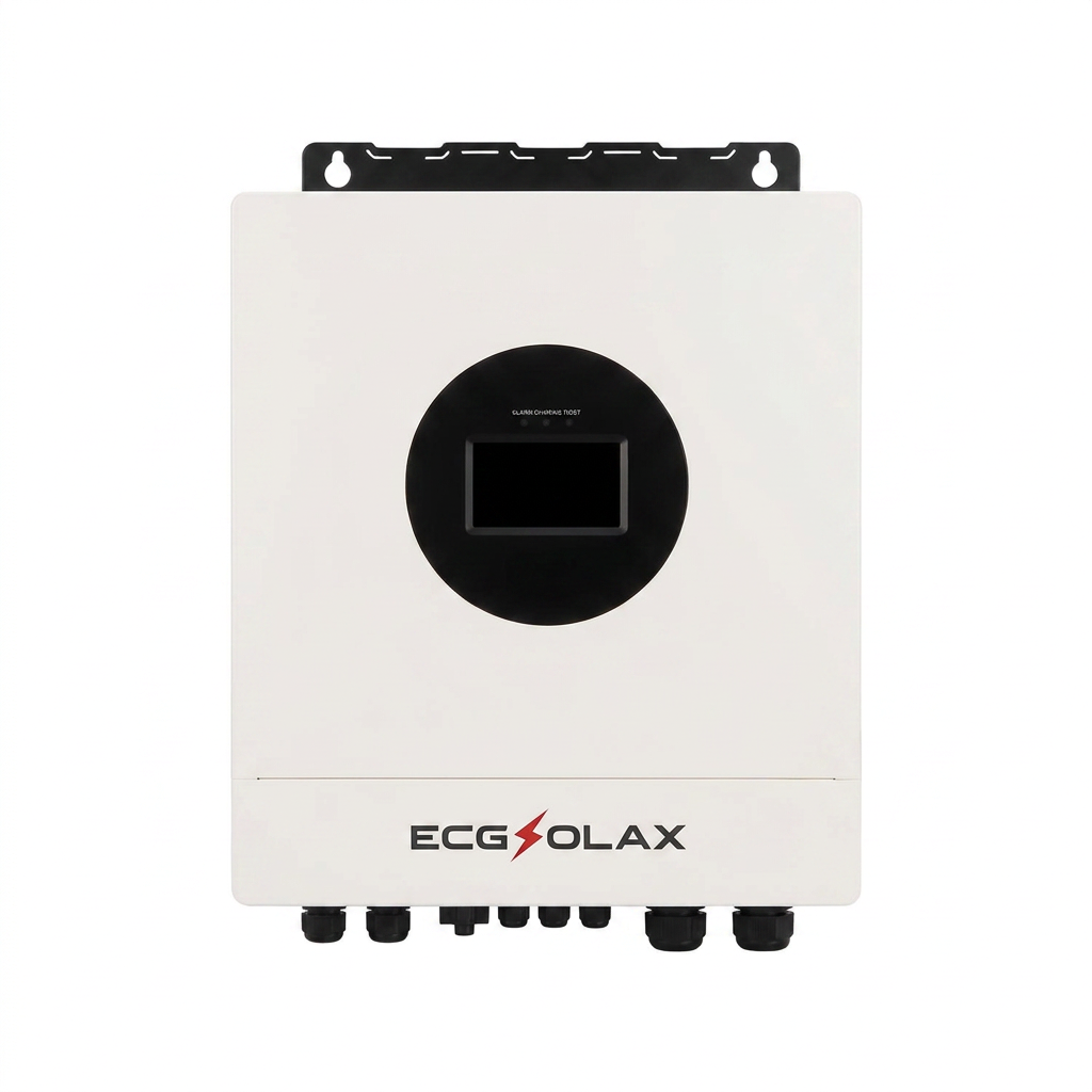 ECGSOLAX Fleet Lithium 7KW 12KW Hybrid Solar Inverter 48V 110V 240V Split Phase Pure Sine Wave Inverter With MPPT 120A 20A Solar Charger — ECGSOLAX Fleet Lithium 7KW 12KW Hybrid Solar Inverter 48V 110V 240V Split Phase Pure Sine Wave Inverter MPPT 120A 20A Solar Charger, white unit with black display.