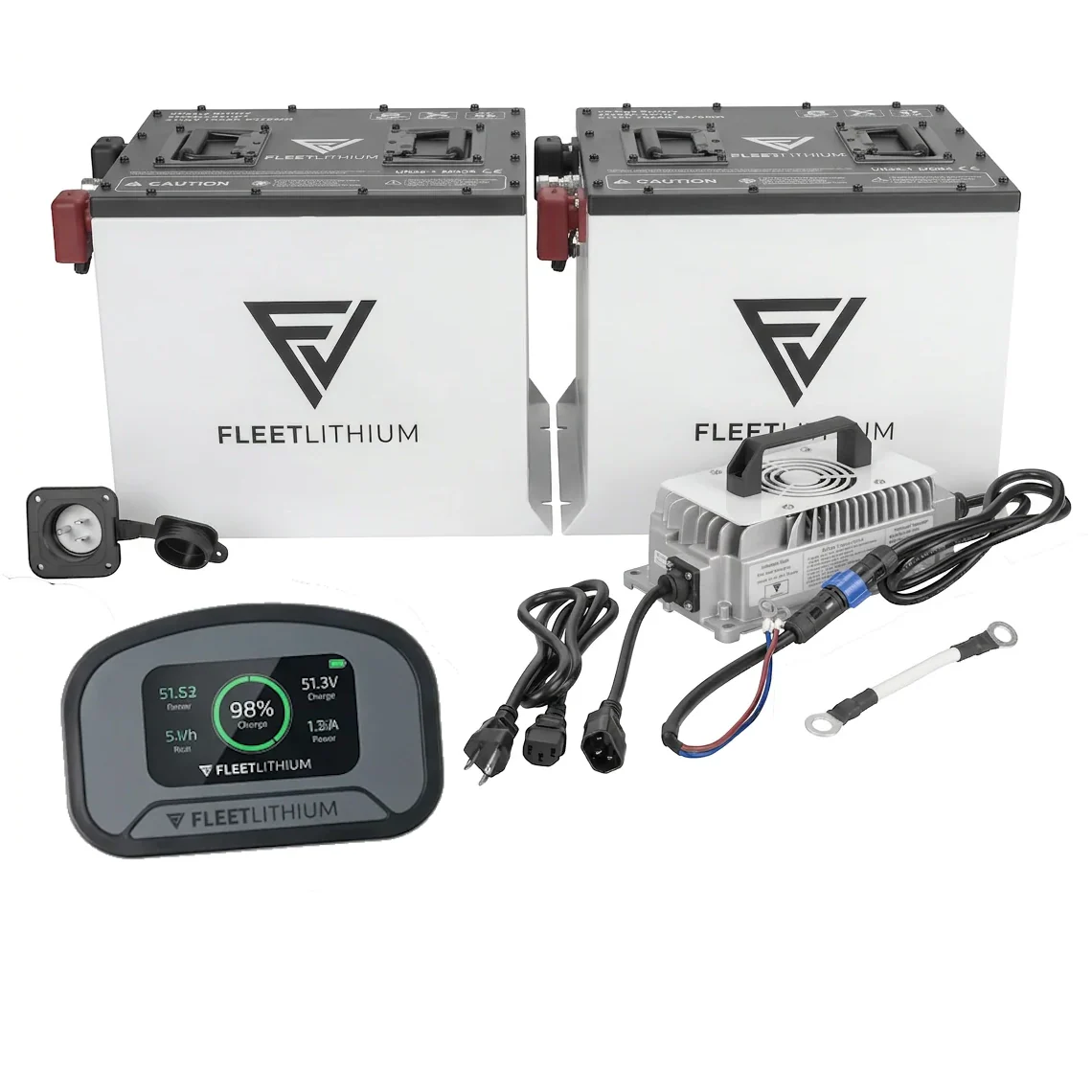 Fleet Lithium Advanced EV Advent 48V Lithium Battery Conversion Kit — Fleet Lithium with two batteries, a charger, and a display screen, showing a complete kit.