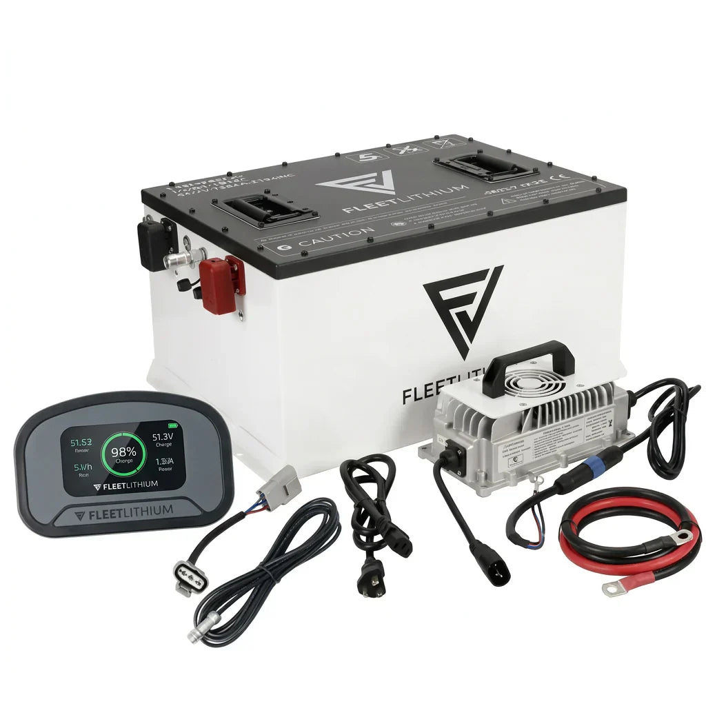 Lithium battery pack, charger, display, and cables for utility vehicle.