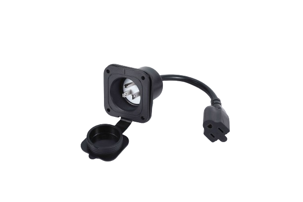 Fleet Lithium AC Connector 200mm (AC0219) showing the female three-prong connector and the male three-prong plug on a white background