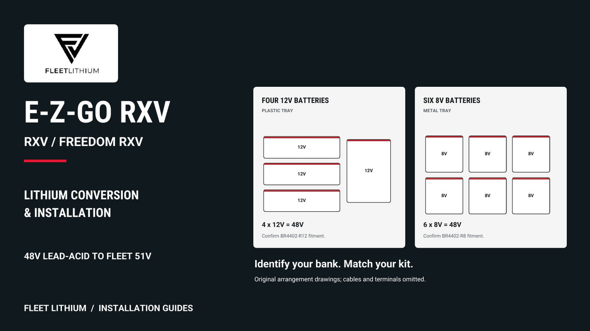 Fleet Lithium RXV installation guide with original four-12V and six-8V bank arrangement drawings