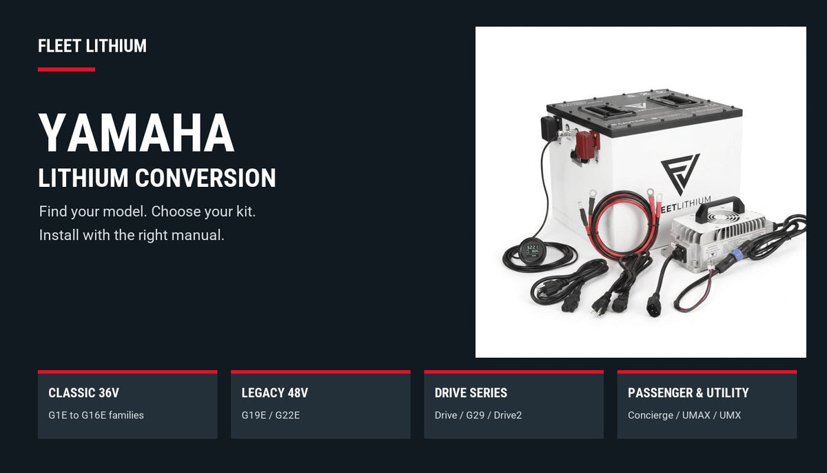 Fleet Lithium Yamaha installation guide families: Classic 36V, G19/G22 48V, Drive/Drive2 and passenger or utility models