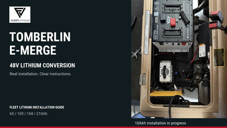 Real Fleet Lithium 105Ah Tomberlin E-Merge conversion in progress with battery and charger positioned before cable connections