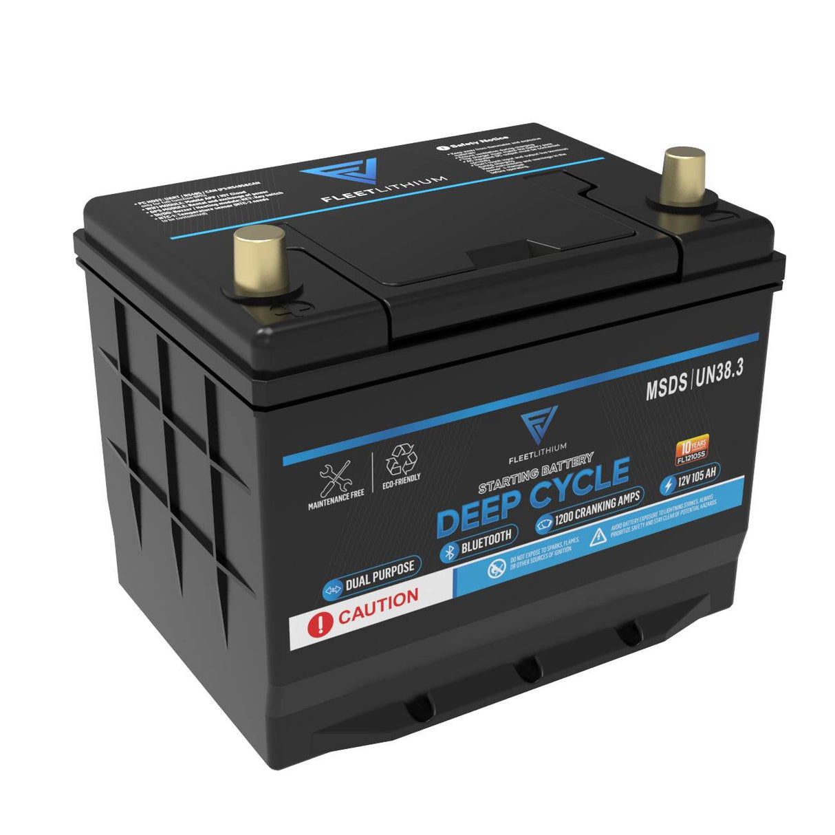 Fleet Lithium BlueMax Marine 12V 105Ah LiFePO4 Battery (Group 24) showcasing its top and side labels with