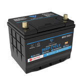 Fleet Lithium BlueMax Marine 12V 105Ah LiFePO4 Battery (Group 24) showcasing its top and side labels with