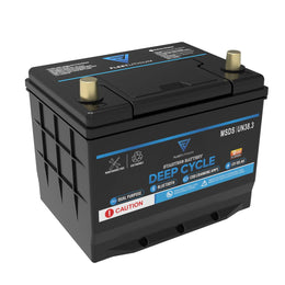 Fleet Lithium BlueMax Marine 12V 105Ah LiFePO4 Battery (Group 24) showcasing its top and side labels with