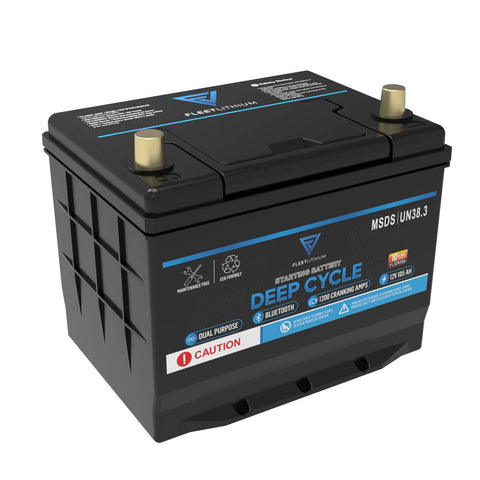 Fleet Lithium BlueMax Marine 12V 105Ah LiFePO4 Battery (Group 24) showcasing its top and side labels with