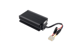 Fleet Lithium DC Converter 40-72V to 12V 25A + Harness (CV7526) angled view showing the input and output wires with a connector.
