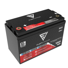 Fleet Lithium 12V 100ah Fleet Lithium Engine Starting (Group 27) battery angled to show the top terminals, product labels, and side warnings.