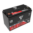 Fleet Lithium 12V 100ah Fleet Lithium Engine Starting (Group 27) battery angled to show the top terminals, product labels, and side warnings.