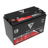 Fleet Lithium 12V 100ah Fleet Lithium Engine Starting (Group 27) battery angled to show the top terminals, product labels, and side warnings.