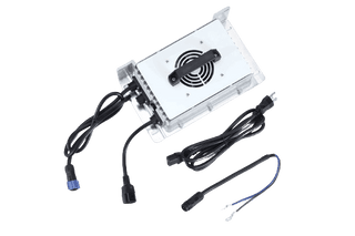 Fleet Lithium 36V Fleet Lithium Replacement Battery Charger, top-down view showing silver chassis, black fan, handle, and three attached cables, including the power input cable and two output cables, one with a circular connector and the other with exposed wires for direct wire connection