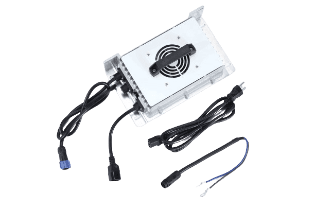 Fleet Lithium 36V Fleet Lithium Replacement Battery Charger, top-down view showing silver chassis, black fan, handle, and three attached cables, including the power input cable and two output cables, one with a circular connector and the other with exposed wires for direct wire connection