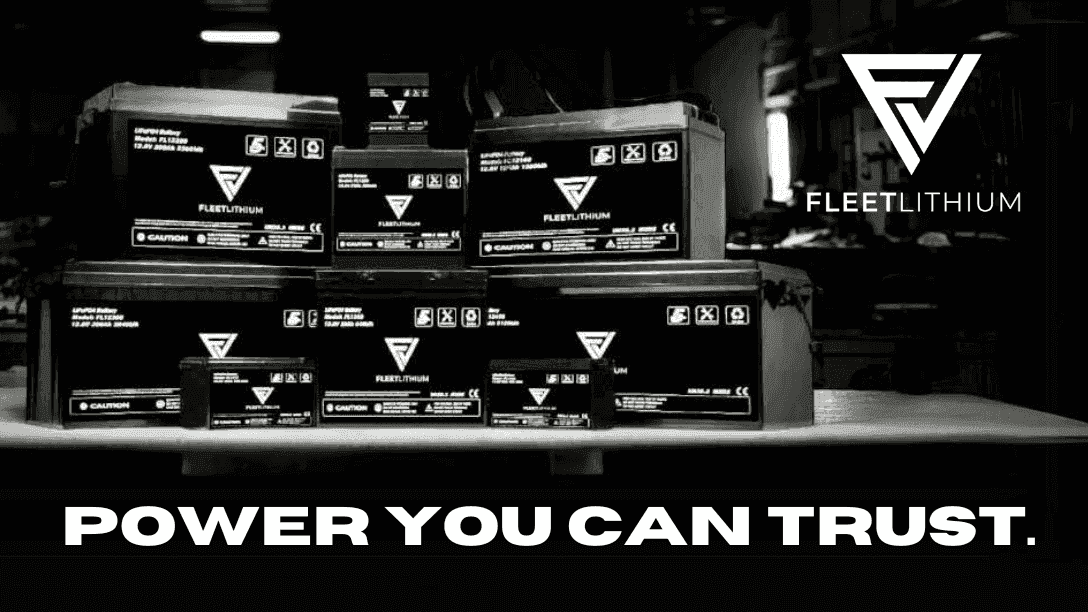 Fleet Lithium 12V 120Ah Marine Lithium Battery group photo displaying various sizes of Fleet Lithium batteries on a table, with "POWER YOU CAN TRUST." slogan at the bottom.