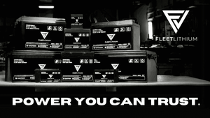 Fleet Lithium 12V 120Ah Marine Lithium Battery group photo displaying various sizes of Fleet Lithium batteries on a table, with "POWER YOU CAN TRUST." slogan at the bottom.