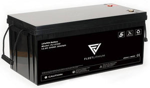 Fleet Lithium 36V 150AH Trolling Motor Battery, showing the top and side of the black battery case with white text and a warning label.