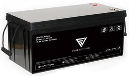 Fleet Lithium 36V 100AH Trolling Motor Battery showing the top and side of the battery with handles, and the product label including the Fleet Lithium logo.