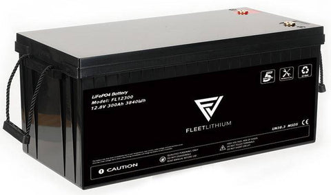 Fleet Lithium 36V 100AH Trolling Motor Battery showing the top and side of the battery with handles, and the product label including the Fleet Lithium logo.
