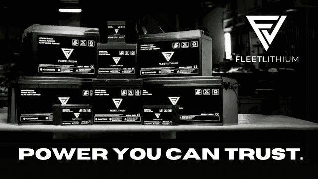 Fleet Lithium 12V 120Ah Marine Lithium Battery group photo displaying various sizes of Fleet Lithium batteries on a table, with "POWER YOU CAN TRUST." slogan at the bottom.