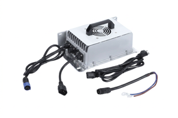 36V Fleet Lithium Battery Charger, silver metal casing, black handle, and multiple cable connectors.