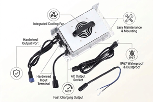 Rectangular 36V Fleet Lithium Battery Charger with integrated fan, cords, and IP67 rating.