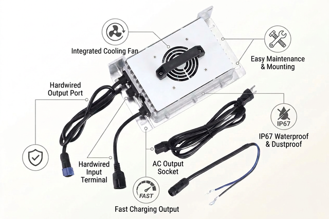Rectangular 36V Fleet Lithium Battery Charger with integrated fan, cords, and IP67 rating.