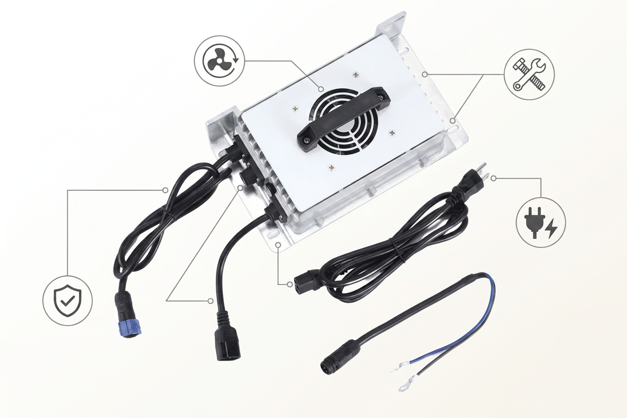 Silver 36V Fleet Lithium Replacement Battery Charger with fan, multiple cables, and output wires.
