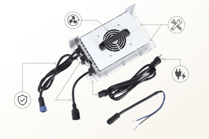 Silver 36V Fleet Lithium Replacement Battery Charger with fan, multiple cables, and output wires.