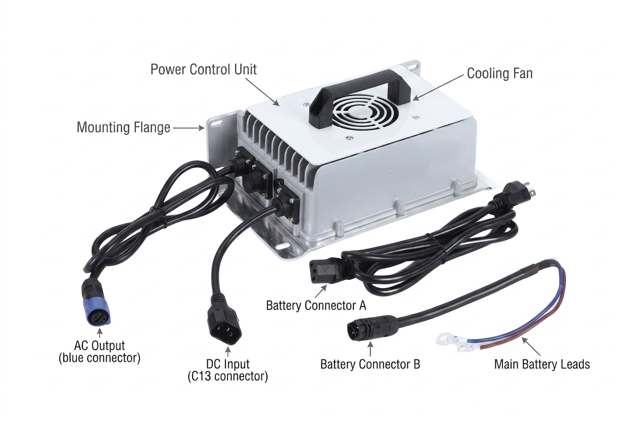 36V Fleet Lithium Battery Charger with AC Output, DC Input, Battery Connectors, and Main Leads