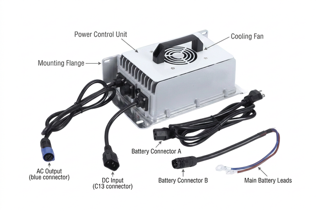 36V Fleet Lithium Battery Charger with AC Output, DC Input, Battery Connectors, and Main Leads