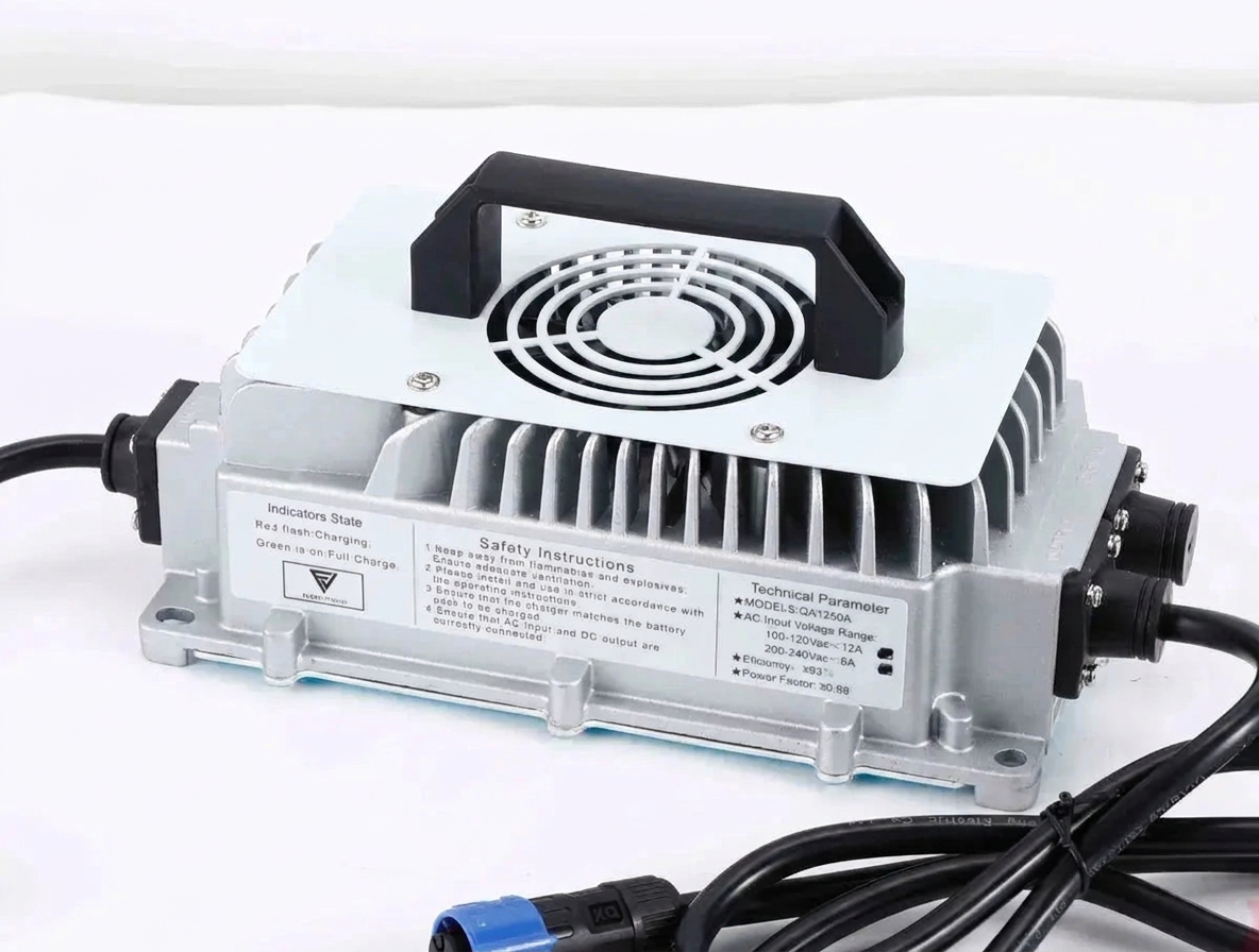 38V 105Ah Fleet Lithium Battery — NexGen BMS Bundle charger with fan, indicator lights, safety instructions, and technical parameters.