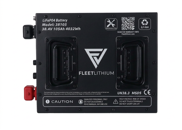 38V 105Ah Fleet Lithium Battery — NexGen BMS Bundle — Fleet Lithium 38V 105Ah NexGen BMS Bundle battery, black, front view, with handles and red connector.