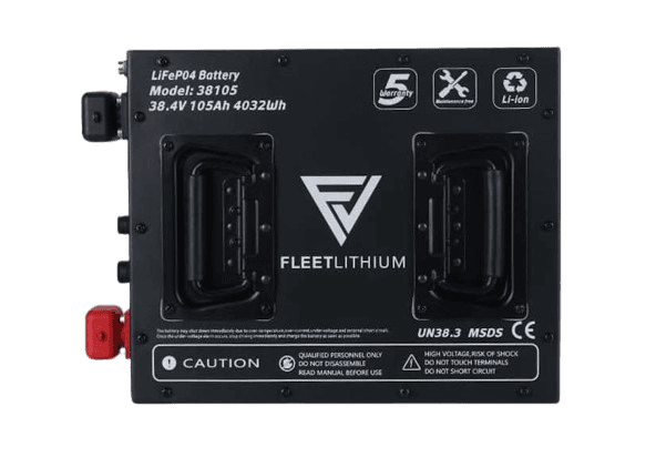 Fleet Lithium 38V 105Ah Fleet Lithium Battery — NexGen BMS, top-down view showing the top of the battery with specifications and warning labels.