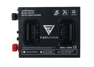 Fleet Lithium 38V 105Ah Fleet Lithium Battery — NexGen BMS, top-down view showing the top of the battery with specifications and warning labels.