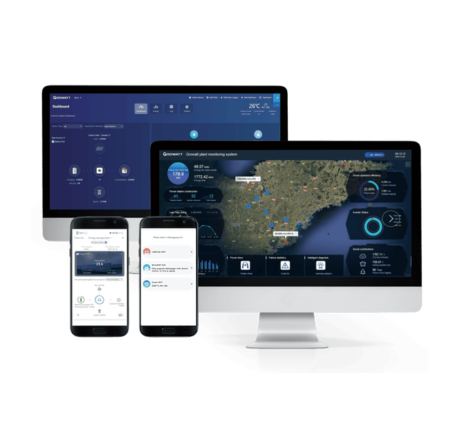 Fleet Lithium 48v Off-Grid Solar Inverter / Charger with 48V Battery Bundle, showing the Growatt monitoring system dashboard on desktop and mobile.
