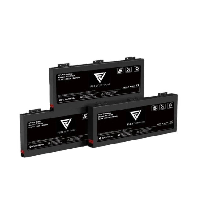 Fleet Lithium 48V Stackable Wall Mounted Solar Battery System showing three black battery units stacked, with the Fleet Lithium logo and warning labels visible.