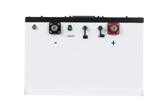 Fleet Lithium 51V 168Ah Fleet Lithium Battery Bundle — NexGen BMS, side view of the battery showing terminals, on/off switch, and various ports.