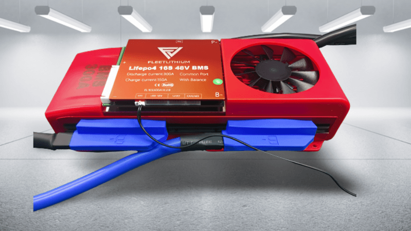 Close-up view of the internal components of the Fleet Lithium 51V 168Ah Fleet Lithium Battery Bundle — NexGen BMS, specifically highlighting the BMS with fan, wiring, and the Fleet Lithium logo.