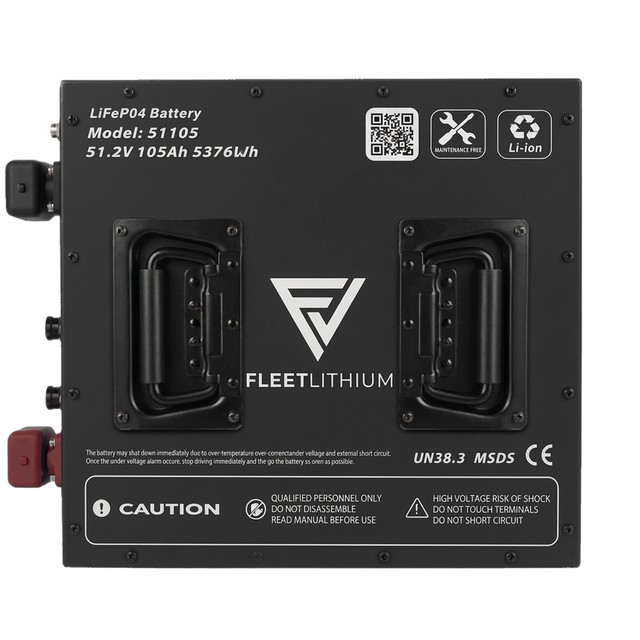 Side view of the 51V 105Ah Fleet Lithium Battery, showcasing its durable casing and NexGen BMS integration.