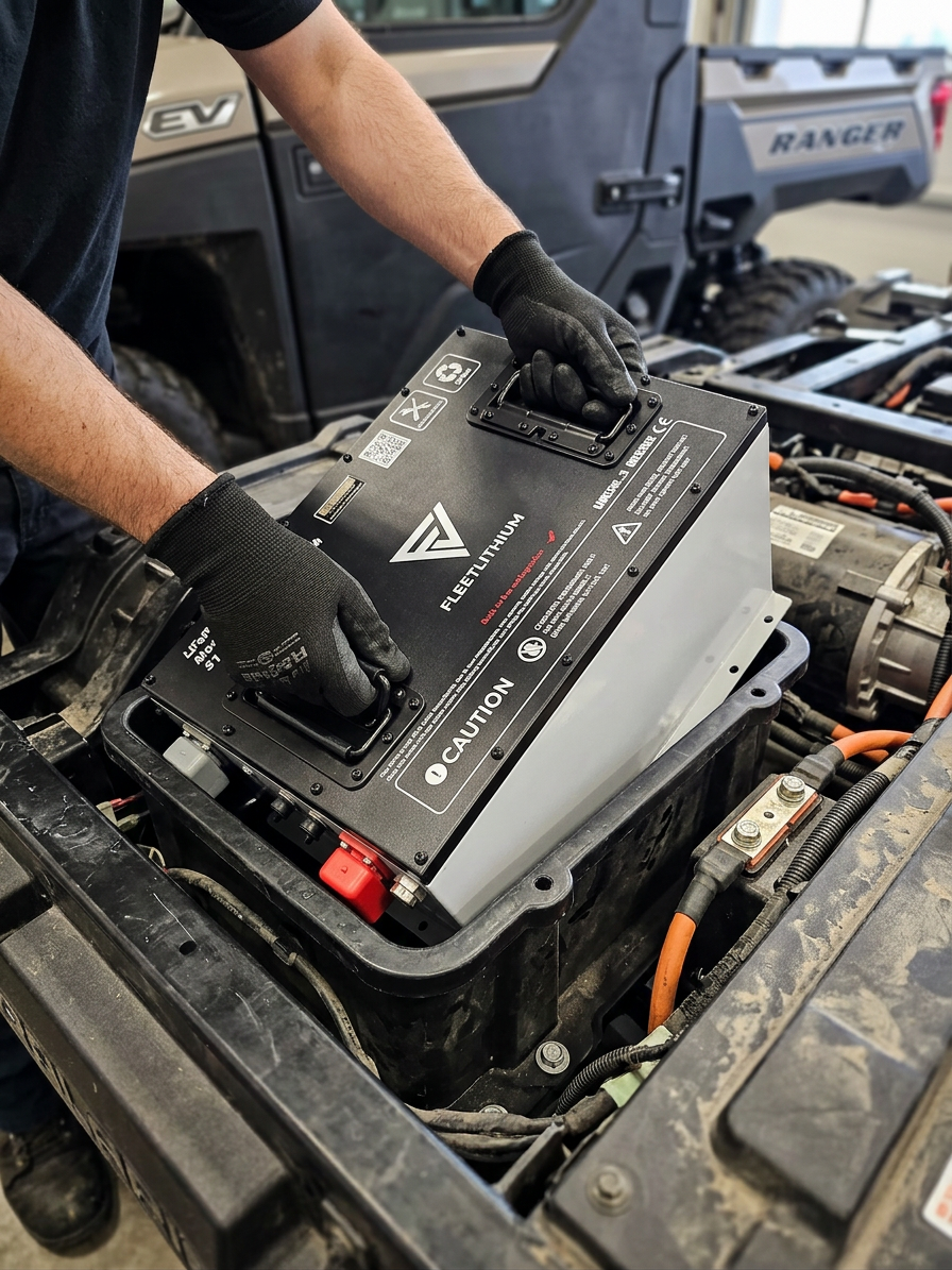 Installing black 51 Volt 168 AH Fleet Lithium Battery with Nexgen BMS into a vehicle.