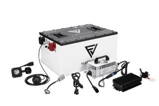 Fleet Lithium Evolution Turfman 48V Lithium Battery Conversion Kit — Fleet Lithium with battery, charger, mounting bracket, and cables displayed on a white background.